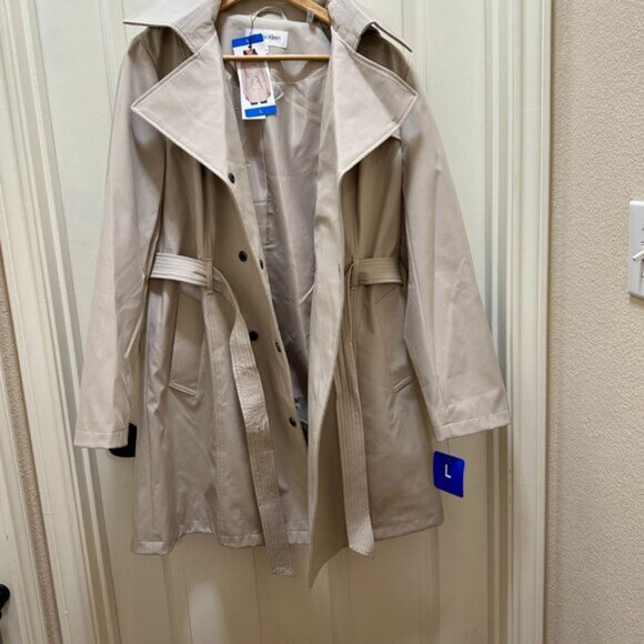 New Calvin Klein Rain Jacket Women's Size L Beige Double Breasted Removable Hood - Picture 13 of 14